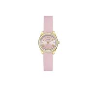 Guess Reloj de Pulsera para Mujer GW1000L2 Mini Luna de 30 mm, Acero Inoxidable Dorado, Esfera Rosa, Cuarzo, Cristal Mineral, circonita, 3 ATM, Correa de Silicona Blanca de 14 mm