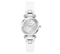 Guess Reloj de Pulsera para Mujer GW1020L1, 30 mm de Acero Inoxidable Plateado, Esfera Blanca con Piedra engastada, Cuarzo, Cristal Mineral endurecido, 3 ATM, Correa de Piel Blanca