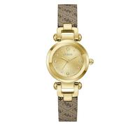Guess Reloj de Pulsera para Mujer GW1021L2, 30 mm, Acero Inoxidable Dorado, Esfera Dorada con Piedra engastada, Cuarzo, Cristal Mineral endurecido, 3 ATM, Correa de Piel marrón