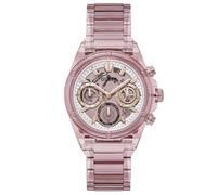GUESS Reloj deportivo multifunción para mujer, 39 mm, esfera transparente, caja de acero inoxidable en tono oro rosa con correa de policarbonato transparente rosa, rosa/rosa/nude, Classic