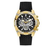 GUESS Reloj multifunción de Acero Inoxidable de 46 mm, Silicona Negra y Dorada, Correa