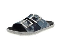 GUESS Sandalias planas Funzy para mujer, Azul medio Denim Patchwork 420, 37.5 EU