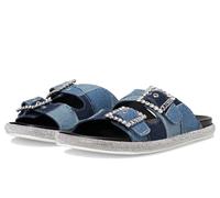 GUESS Sandalias planas Funzy para mujer, Azul medio Denim Patchwork 420, 37.5 EU