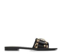 GUESS Sandalias Planas para Mujer, Estampado Leopardo, Negro con Logo Dorado, Estilo Slide Talla 37