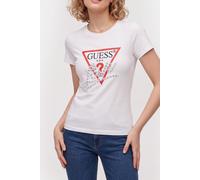 GUESS Camiseta para Mujer, Logo Triangular, Manga Corta, Blanco (FR/ES, Letras, S, Regular, Regular, Blanco)