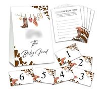 Guess the Baby Food Party Games, Cowboy Baby Shower Juego (1 letrero de pie + 20 tarjetas de respuesta + 6 tarjetas de número), rústico Country Western Name the Baby Food Game, decoración de baby shower (16)