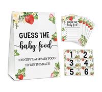 Guess the Baby Food Party Games, juego de baby shower, 1 letrero de pie + 25 tarjetas de respuesta + 6 tarjetas de número, fresa Berry revelación de género suministros de decoración de fiesta -A14
