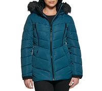 GUESS Women's Midweight Puffer Jacket, Hooded Teal, Small
