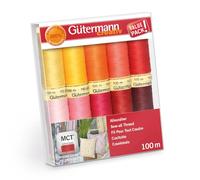 Gutermann Creativ Coselotodo - Juego de 10 bobinas de 100 m, 100% poliéster, para coser a mano y a máquina, universales, amarillo, rosa y rojo