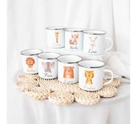 Gufacai Taza esmaltada personalizada, 350 ml, color blanco con borde plateado, regalo para niños y bebés, animales del bosque, nombre personalizado