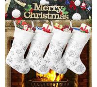 GugnRyAc Medias de Navidad grandes de 18 pulgadas, 4 unidades, calcetines de Navidad de piel sintética de felpa con copo de nieve plateado, para vacaciones familiares, decoraciones de fiesta