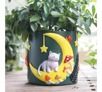 GUGUGO Macetas Coloridas con diseño de Gato y Luna, Bonitas macetas únicas para suculentas con Drenaje, pequeñas Setas de Arco Iris, macetas para Plantas de Interior, Divertida decoración ecléctica