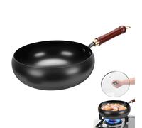 Gugxiom Sartén japonesa de hierro con tapa de madera, 28 cm, sin revestimiento, con espátula, forjada a mano, sartén wok de hierro fundido para cocinas eléctricas/inducción/cocinas de gas (tapa de
