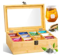 GUHAOOL Caja de Té, Caja para Té e Infusiones, Caja de Madera para Bolsas de Té con 10 Compartimentos, Cajita Infusiones con Ventana, Organizador Bolsas Té para Guardar Bolsitas de té 29.5 x 16 x 9cm