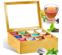 GUHAOOL Caja de Té, Caja para Té e Infusiones, Caja de Madera para Bolsas de Té con 12 Compartimentos, Cajita Infusiones con Ventana, Organizador Bolsas Té para Guardar Bolsitas de té 28 x 22.5 x 9cm
