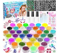GUHAOOL Kit de Tatuajes Purpurina Temporales,41 Colores Brillo con 159 Plantillas,245 Pedrería,Kit de Tatuaje Purpurina para Niños,Kit Tatuajes Temporales Niñas,Regalo para Niña,Para Fiestas,Carnaval