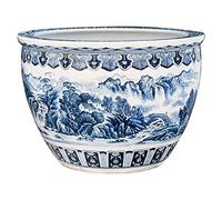 GUHPZA Acuario Fish Tabk, Pecera De Cerámica Azul Y Blanca, Pintado A Mano, Espléndidas Montañas Y Ríos, Cilindro De Cultivo De Peces, Sala De Estar, Balcón, Patio, PE, A-90CM