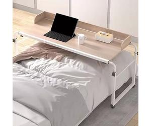 GUHPZA Mesa De Cama Ajustable con 4 Ruedas, Altura 65 95 Cm, Longitud 115 210 Cm, Color Blanco,Madera Tipo A