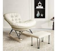 GUHPZA Sillón mecedor tapizado de Tela tecnológica, Ideal para Relajarse, Descansar, Dormitorio, Oficina y Sala de Estar .(Blanco Roto - con reposapiés)