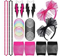 Guichangkai Mujeres 80s Pulsera de Encaje de Neón Pendientes Fishnet Guantes Collar Pulsera para Moda Retro 80s Fiesta Traje Accesorios Set Damas y Niñas