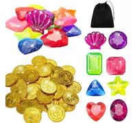 Guidre Juguetes de Piscina Diving Gems,16 Grandes Diamantes de Colores+50 Piezas Monedas de Oro,Cofre del Tesoro Pirata,Regalo de Entrenamiento de natación