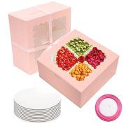 GUIFIER 10 PCS cajas para tartas de 10 pulgadas con tablas para tartas y cinta rosa, cajas de pastel de 10 x 10 x 5 pulgadas con ventana,caja de panadería de papel, caja de galletas para postres(rosa)