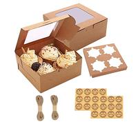 GUIFIER Paquete de 24 cajas de pastelería de 4 unidades, cajas de regalo de papel kraft marrón para magdalenas, bombas de chocolate caliente con rosquilla (con cordel y pegatinas)