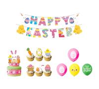 Guirnalda Conejo de Pascua - Kit 4 Piezas Decoración Huevos Pancarta Felices Pascuas, Fondo y Tarta | Suministros Colgantes para Infantiles, Hogar y Porche con