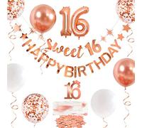 Guirnalda de 16 banderines de oro rosa para 16 decoraciones colgantes dulces 16 signos para niñas 16 cumpleaños fiesta decoración 16 cumpleaños cumpleaños fiesta signo para dulces dieciséis