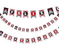 Guirnalda de banderines de papel con diseño de calavera pirata de 15 pies en español, banderines de feliz cumpleaños, banderas temáticas de piratas, decoraciones de Halloween