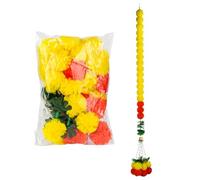Guirnalda de caléndula, flores artificiales de caléndula de 5 pies de largo, 30 bolas de estilo indio Diwali, decoración de festivales Diwali, combinación de campanas de hojas, decoraciones