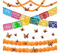 Guirnalda de caléndula para decoración de otoño, 45 unidades, decoración de mariposa monarca y pancarta de papel picado, gran fieltro para fiestas mexicanas de fiesta para fiestas mexicanas Cinco de