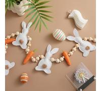 Guirnalda de conejo y zanahorias de Pascua, conejo de fieltro y cuentas de madera, decoración colorida de Pascua para colgar en la pared con colgante de conejo, guirnalda rústica para pared, chimenea