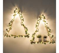 Guirnalda de flores blancas artificiales con tira LED para colgar en la pared, juego de 2, estantes bohemios para decoración de pared, estante de pared de macramé para dormitorio, baño, sala de estar