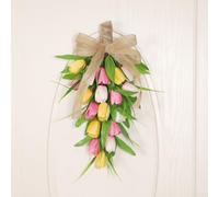 Guirnalda de lágrima de tulipán artificial de 45 cm con lazo de arpillera, corona floral hecha a mano, para puerta delantera, porche, pared, resistente a la intemperie, decoración colgante de flores