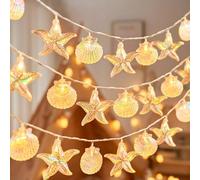 Guirnalda de luces de océano - 20 luces de concha de mar y estrella de mar en cable de batería de 10 pies - Modo centelleante para dormitorio temático de playa, fiesta, decoración de jardín