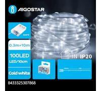 Guirnalda de luces LED con pilas 3AA, 10 m de longitud, PVC y cobre, luz blanca fría; ideal para decorar y amenizar espacios interiores y exteriores.