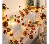 Guirnalda de luces LED de Navidad, 2 m, 20 ledes, piñas, funciona con pilas, guirnalda de abeto con cadena de luces, iluminación navideña para exterior e interior