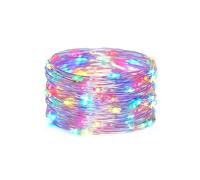 Guirnalda de luces LED en alambre de cobre, alimentada por pilas de botón y con colores RGBY. Con 2 metros de longitud, es perfecta para dar un toque mágico a tus fiestas y decoraciones.