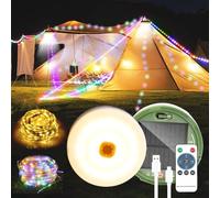 Guirnalda de luces solares para camping, 20 m, blanco cálido + RGB para exteriores, 230 ledes, cadena de luces exteriores con 13 modos de iluminación, carga solar y USB, lámpara portátil para camping,