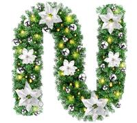 Guirnalda de Navidad, 2,7 m, guirnalda de Navidad con iluminación, guirnalda navideña con luces, flores y bolas, guirnalda de Navidad para el hogar, escaleras, puerta principal, terraza y jardines