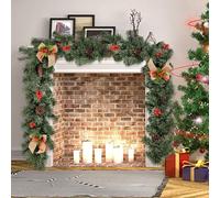 Guirnalda de Navidad Artificial de 2,7 m con piñas, Bayas, Lazos de Lino, Guirnalda de Navidad Artificial para Puerta, escaleras, chimeneas, Guirnalda de Corona de Navidad