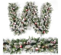 Guirnalda de Navidad flocada de 9 pies con 50 Luces, decoración navideña con Cono de Pino, Bolas Rojas y Bayas, Temporizador de 50 Luces para Chimenea, Escalera Interior y Exterior