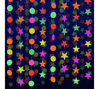 Guirnalda de neón redonda de papel UV de 90 pies, estrellas de neón, serpentinas de neón, decoraciones de luz negra para suministros y decoraciones de fiesta de neón reactivo a los rayos UV, recuerdos