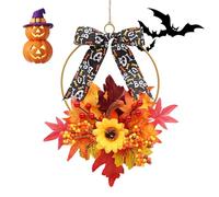 Guirnalda de puerta de otoño - Calabazas con girasoles y decoración de hojas de arce | Guirnalda de círculo rústico para puerta de entrada | Granja de temporada y decoración del hogar