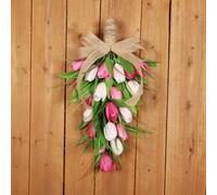 Guirnalda de tulipanes artificiales hechos a mano en forma de lágrima con lazo de arpillera para decoración de entrada interior y exterior (rosa)
