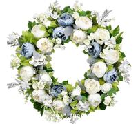 Guirnalda Decorativa de Rosas Azul Polvoso para San Valentín de 22 Pulgadas, Peonías, Eucalipto y Follaje Verde, Guirnalda Romántica Floral Artificial de Estilo Granja(BLUE1)