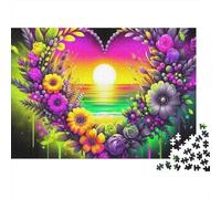 Guirnalda Floral en Forma de corazón Atardecer Colorido Puzzle de 1000 Piezas Papel Puzzle para Adultos Decoración Familiar 70x50cm/1000pcs