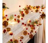 Guirnalda Luces Navidad LED 2M con 20 Luces,Piñas Naturales,Bayas Rojas y Campanas,Guirnalda Navideña a Pilas para Interior y Exterior,Decoración Árbol,Chimenea,Ventana,Mesa