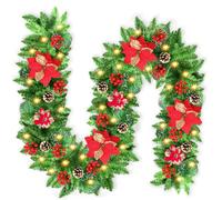 Guirnalda Navidad con Luces, 2.7m Guirnalda Navideña con 215 Puntas y Flores, Frutos Rojos, Piñas, Temporizador y Impermeable, Decoracion Navidad para Escaleras, Chimenea, Puerta, Interior/Exterior